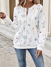 abordables Tops Florales-Sudadera de mujer con estampado floral para uso diario, con cremallera, informal, cuello redondo, manga larga, microelástica, otoño e invierno, cómoda, transpirable, tejido suave