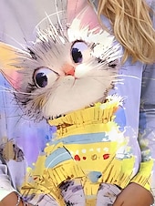 billiga Djur tee-Dam T-shirt Katt Ledigt Långärmad Rund hals Vanliga toppar Dagligen Mönster Purpur Vår Höst