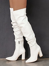 baratos Botas Slouch-botas femininas pretas largas acima do joelho – bico fino estiloso com salto bloco para moda de inverno e roupas de noite