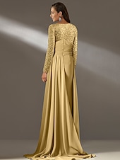cheap YELLOW-Sheath Evening Gown Elegant Dress Formal Floor Length Long Sleeve Jewel Neck Pocket Silk with Sequin 2025