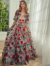 billiga Balklänningar-Blommig Ros Broderad A-linjeformad Bal Klänningar Elegant Klänning Formell Golvlängd Kort Ärm V-Hals Bälte  Band Tyll med Blommig Tryck