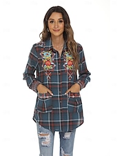 preiswerte Blumenoberteile-Damen Boho-Hemd Blumen Karomuster Blume Lässig Boho Langarm Bischofsärmel Hemdkragen Normale Oberteile Valentinstag Arbeit Täglich Bestickt Blau Frühling, Herbst, Winter, Sommer