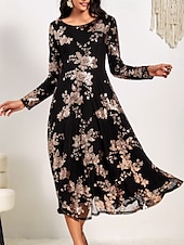 billige Kjoler til nyttårsaften-kvinners a-linje midikjole lange ermede paljetter floral elegant svart semi-formell glitrende skinnende skjørt rund hals bryllupsfest teaterbegivenhet vår høst moteklær klær s m l xl xxl