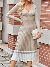olcso Kötött ruhák-Női Pulóverruha Elegáns Divat Napi Tömör szín Csíkos V-alakú Pliszé Kötött Hosszú ujj Hosszú felsők Kötött Előírásos Munka Fehér / Fekete Khakizöld Ősz Tél