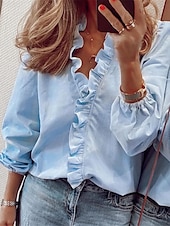 economico Top eleganti-Per donna Camicia Blusa Tinta unica Essenziale Informale Manica lunga A V Top regolari Giornaliero Con balze Bianco Blu Autunno Inverno