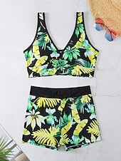 billiga Bikiniset-Dam Badkläder Bikini 2 st Pojkeben Baddräkt Öppen rygg Hög midja Smal Semester Standkläder Blommig Löv V-hals Ärmlös Baddräkter