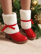 voordelige Vrouwen Kerst Schoenen-dames kerstlaarzen met imitatiebont en rode strik – feestelijke vakantieschoenen voor winterfeesten