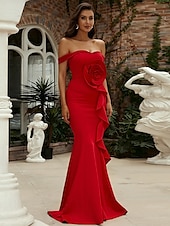 preiswerte ROT-Abendkleid im Meerjungfrauen-Stil, elegantes Kleid, formelle Schleppe, kurze Ärmel, schulterfrei, Tasche, Stretch-Crêpe mit Falten 2025