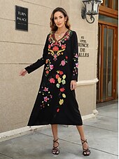 cheap Boho Dress-Valentine&#039;s Day Women&#039;s Normal Midi Dress Casual Dress Long Sleeve Boho Dress A Line Dress Boho Dress Elegant Basic Casual Bishop Sleeve Formal Vacation Valentine&#039;s Day Regular Fit Floral Still Life
