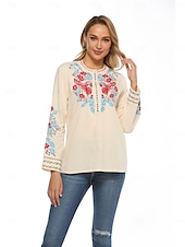billiga Skjortor-Dam Boho skjorta Linneinspirerade skjortor Blommig Blomma Ledigt Långärmad Biskop Rund hals Hög hals Vanliga toppar Alla hjärtans dag Arbete Dagligen Broderad Beige Vår, Höst, Vinter, Sommar