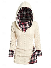 economico Motivi grafici e dettagli-Per donna Felpa Pullover Maglione Informale Morbido A quadri A coste Con cappuccio Collage Lavorato a maglia Manica lunga Top regolari Maglia Esterno Giornaliero Fine settimana Vino Beige Autunno