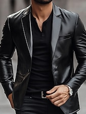 cheap Men&#039;s Blazers-Black Men&#039;s PU Leather Blazer Office Work Street Pocket Fashion Casual Spring &amp; Fall Polyester Plain Pocket Casual / Daily Single Breasted Blazer