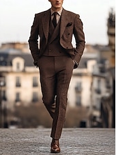 abordables Trajes formales-De los hombres Boda Fiesta de baile Trajes de tweed Solapa de Pico Chocolate Moda Retro Antiguo Espiga A Medida Juego de 3 piezas Seis Botones en Dos Hileras