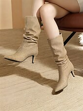 cheap Slouch Boots-Women&#039;s Beige Slouch Mid-Calf Boots with Pointed Toe and Kitten Heel – Chic Fall Fashion for Casual and Dressy Occasions