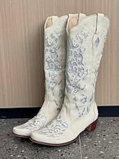 cheap Cowboy &amp; Western Boots-Women&#039;s Mid Calf Boots Vintage-Style White Western Cowboy Boots with Embroidery and Rhinestone Accents for Festivals and Everyday Wear