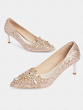 ieftine Mireasă-Pantofi cu toc de mireasă cu sclipici auriu și șampanie, pantofi stiletto cu cristale pentru nunți de lux și de seară