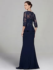 economico Lunghezza del pavimento-Abito Sheath Madre della Sposa Abito Elegante V Scollo Lunghezza Piena Chiffon Elasticizzato Manica 3/4 con Pieghe in Pizzo Colore Solido