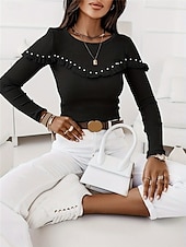 preiswerte Elegante Oberteile-Damen Hemd Bluse Feste Farbe Basic Brautkleider schlicht Langarm Rundhalsausschnitt Normale Oberteile Täglich Rüsche Patchwork Perlenbesetzt Schwarz Wein Herbst Winter