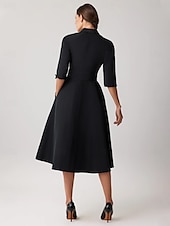 olcso Koktélruhák-Fekete A-vonalú koktélruha Hímzett Elegáns Ruha Formális Térd hosszúságú Fél ujjú Ing gallér Öv  Takaró Taffeta sliccel