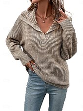 cheap Solid Colors-Women&#039;s Sweater Pullover Sweater Jumper Casual Soft Solid Color Ribbed Hooded Knitted Long Sleeve Regular Tops Knit Outdoor Daily Weekend Khaki Fall Winter