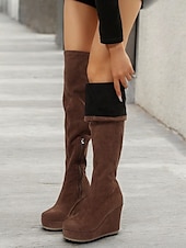 cheap Fashion Boots-Women&#039;s Brown Over-the-Knee Wedge Boots with Side Zipper – Faux Suede Texture and Comfortable Platform for Casual and Stylish Outfits