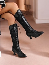 abordables años 1930-Botas victorianas con cordones hasta media pantorrilla para mujer: zapatos de piel sintética y encaje estilo steampunk gótico para cosplay, fiestas y ocasiones especiales