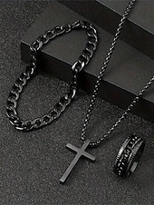 cheap Accessories For Men-Men&#039;s Alloy Cross Necklace, Chain Bracelet, and Engraved Ring Set – Durable and Stylish Christian Jewelry