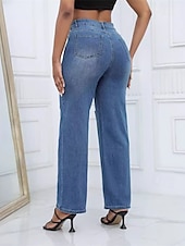 お買い得  ストレートレッグパンツ-女性用 標準 ジーンズ ストリートファッション スタイリッシュ 全長 ハイウエスト 純色 ポケット 快適 通気性 ソフト マイクロエラスティック ストリート 日常 ライトブルー ダークブルー 春 &amp; 秋 ルーズフィット