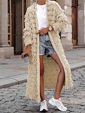 cheap Cardigans &amp; Outerwears-Women&#039;s Sweater Cardigan Casual Soft Pure Color Ribbed Open Front Tassel Knitted Long Sleeve Long Tops Knit Outdoor Daily Weekend Black Khaki Fall Winter