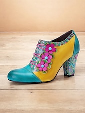 olcso Block Heels-női színes virágos, fűzős blokksarkú cipő - vintage stílusú bőr bokacsizma dekoratív virág díszítéssel
