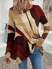 voordelige Tunic Tops-Vrouwen Tuniek T-Shirt Geometrisch Casual Lange Mouw Crew Neck Reguliere Tops Dagelijkse Print Asymmetrisch Bruin Lente  Herfst