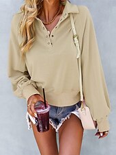 billige Teksturert hettegensere og sweatshirt-Dame عادي Fritid Langermet Rullekrage Crop Tops Gate Hverdag Knapper Rosa Grønn Beige Høst Vinter