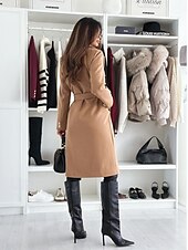 abordables Abrigos de Invierno-Mujer Abrigo Mantiene abrigado Cómodo Botones Con cinturón Elegante Color sólido Casual Diario Botonadura Doble Escote en Pico Ajuste regular Manga Larga Ropa de calle Negro Caqui Albaricoque Invierno