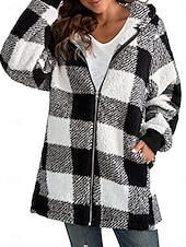 cheap Puffers &amp; Parka-Women&#039;s Down Vest Sherpa Jacket Coat Outdoor Street Daily Wear Fall Winter Regular Coat Regular Fit Thermal Warm Breathable Stylish Casual Jacket Long Sleeve Stripes and Plaid with Pockets Full Zip