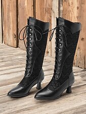 abordables años 1930-Botas victorianas con cordones hasta media pantorrilla para mujer: zapatos de piel sintética y encaje estilo steampunk gótico para cosplay, fiestas y ocasiones especiales