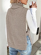 cheap Solid Colors-Women&#039;s Sweater Vest Casual Soft Solid Color Ribbed Turtleneck Split Knitted Sleeveless Regular Tops Knit Outdoor Daily Weekend Light Green Khaki Fall Winter