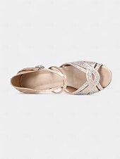 abordables Chaussures de danses latines-Escarpins de danse pour femmes en strass dorés avec brides croisées et semelle en daim – idéals pour les spectacles de danse de salon et de danse latine