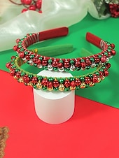 voordelige Haaraccessoires voor dames-Feestelijke rode kersthoofdband voor dames met rode, groene en zilveren kralen - haaraccessoire voor de feestdagen en vieringen