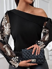 ieftine Topuri imbracate-Pentru femei Cămașă Bluză Culoare solidă Floral Elegant Casual Manșon Lung Episcop Gât crestat Topuri obișnuite Zilnic Paiete Peteci Negru Toamnă Iarnă