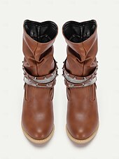 preiswerte Slouch-Stiefel-braune, lässige Stiefel mit halbhoher Sohle und Nietenriemen sowie Strassverzierungen für Damen – High Heel im Westernstil für Partys und die Freizeit