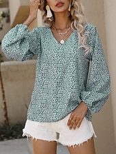 economico Top Grafici da Donna-Per donna Camicia Blusa Floreale Informale Manica lunga A V Top regolari Giornaliero Stampa Blu Verde Autunno Inverno