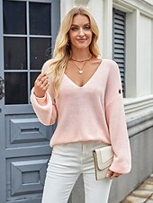 お買い得  単色-女性用 ニット エレガント ファッション 日常 純色 Ｖネック ニット テクスチャード加工 長袖 レギュラートップス ニット ワーク ピンク ルビーレッド 秋 冬