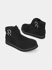 preiswerte Stiefeletten-Schwarze Damenstiefeletten aus Wildlederimitat mit Schnalle – lässige, flache Winterstiefel mit Doppelriemen für Komfort im Alltag