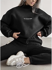 economico Tuta da donna-Per donna Caldo Felpa Sherpa Pantaloni in pile Pantaloni maglione Set Manica lunga Girocollo Tinta unica Alfabetico Esterno Nero Rosso Marrone chiaro Primavera Oversize