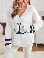 preiswerte Grafische Muster und Details-Damen Pullover Elegant Modisch Strassenmode Graphic V Ausschnitt Strick Langarm Lange Oberteile Stricken Täglich Wochenende Weiß Herbst Winter