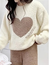 billiga Loungewear till damer-dam pyjamas loungewear 2 delar hjärtvärme komfort hem daglig fleece varm andas rund hals långärmad pullover byxa höst vinter hem outfits