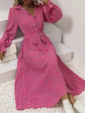 abordables Robes fleuries décontractées-robe midi à fleurs à col en V et manches longues pour femme printemps automne