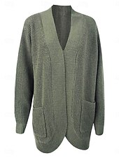 cheap Cardigans &amp; Outerwears-Women&#039;s Sweater Cardigan Casual Soft Pure Color Ribbed V Neck Pocket Knitted Long Sleeve Regular Tops Knit Outdoor Daily Weekend Army Green Gray Fall Winter