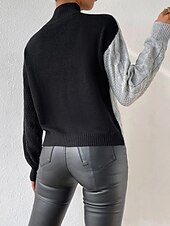olcso Grafikus minták és részletek-Női Pulóver Elegáns Divat Napi Színes Mock Neck Kötött Hosszú ujj Normál felsők Kötött Munka Fekete Ősz Tél