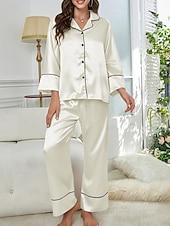 billiga Sovkläder till damer-pyjamasset för kvinnor ren färg avslappnad komfort hem dagligen satin siden komfort varm lapel långärmad skjorta byxa knapp upp resår midja höst vinter hem outfits